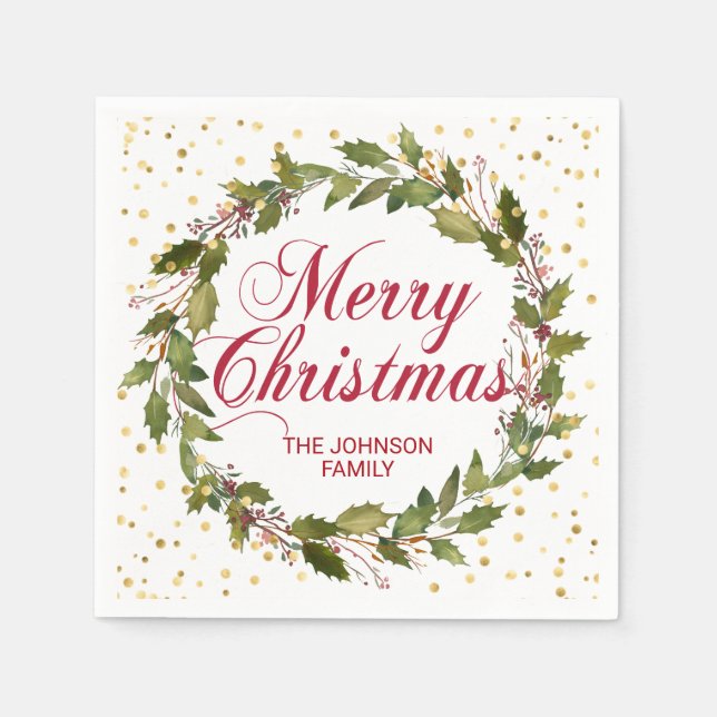 Christmas Watercolor Wreath Holly Gold Napkin (Front)
