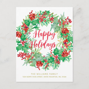 Christmas Watercolor Wreath Modern Script Moving Holiday Postcard