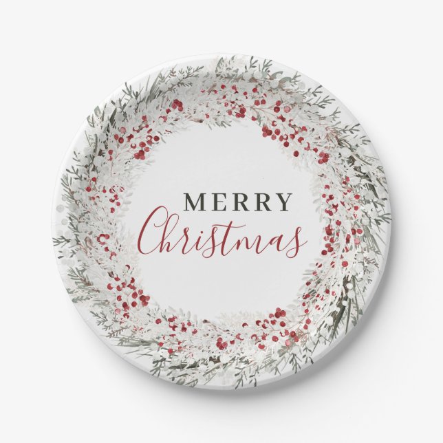 Christmas Watercolor Wreath Paper Plate (Front)