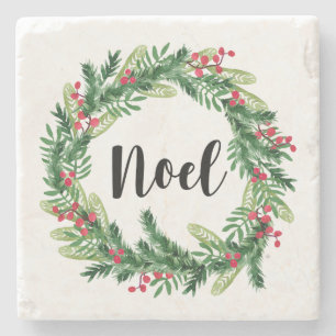 Christmas watercolor wreath stone coaster