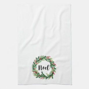 Christmas watercolor wreath tea towel