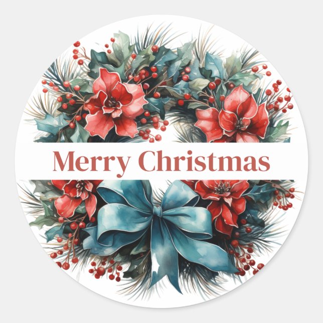 Christmas Watercolor Wreath with Holly Classic Round Sticker (Front)