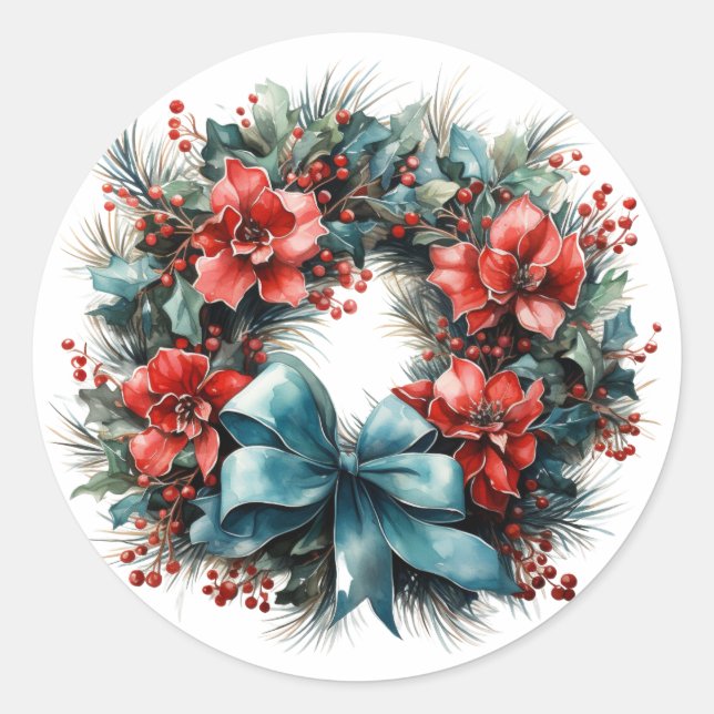 Christmas Watercolor Wreath with Holly Classic Round Sticker (Front)