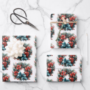 Christmas Watercolor Wreath with Holly Pattern Wrapping Paper Sheet
