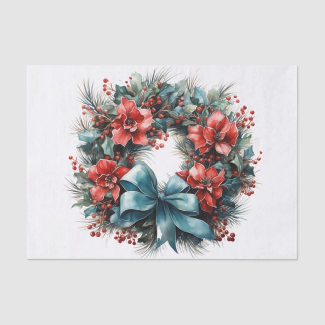 Christmas Watercolor Wreath with Holly Tissue Paper (Front)