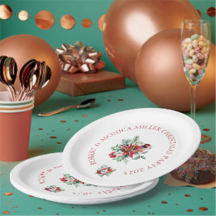 Christmas watercolors flowers, leaves and a bird paper plate