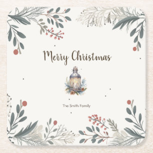 Christmas Watercolour Greetings  Square Paper Coaster