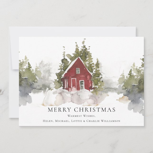 Christmas Watercolour Snowy Pine Forest Home   Holiday Card (Front)