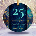 Christmas wedding anniversary turquoise gold  ceramic tree decoration<br><div class="desc">Elegant turquoise gold floral monogram Christmas Wedding anniversary Ceramic ornament.  Sparkly , stylish and elegant beautiful inexpensive gift for couples celebrating their marriage. It’s an elegant wedding anniversary keepsake that can be personalised with your special anniversary information.
Ps:there’s no real glitter or raised part, it’s a beautiful printed design.</div>
