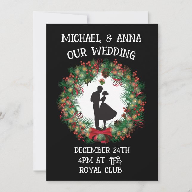 CHRISTMAS WEDDING BLACK & RED WREATH INVITATIONS (Front)
