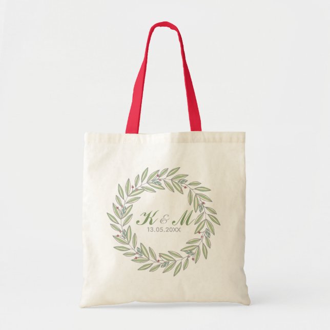 Christmas Wedding Bride Groom Monogram Wreath Tote Bag (Front)