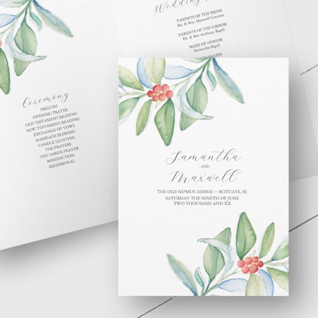 Christmas Wedding Ceremony Pamphlet Folded Programme (Christmas Wedding Ceremony Pamphlet designed w/ hand painted watercolor art by Victoria Grigaliunas)
