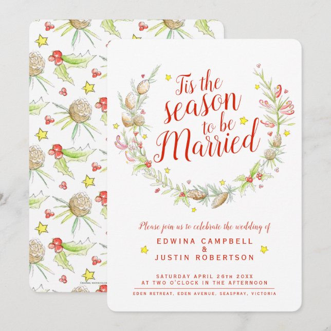 Christmas wedding cones berries star watercolor invitation (Front/Back)