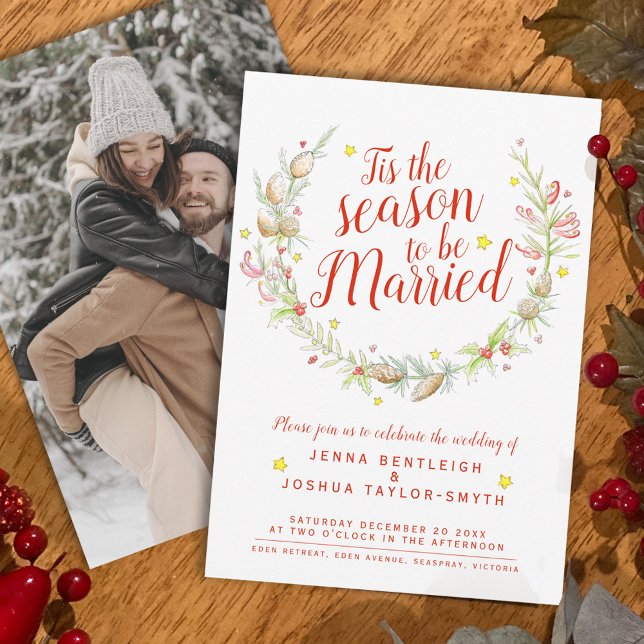 Christmas wedding cones berries watercolor photo invitation (Creator Uploaded)