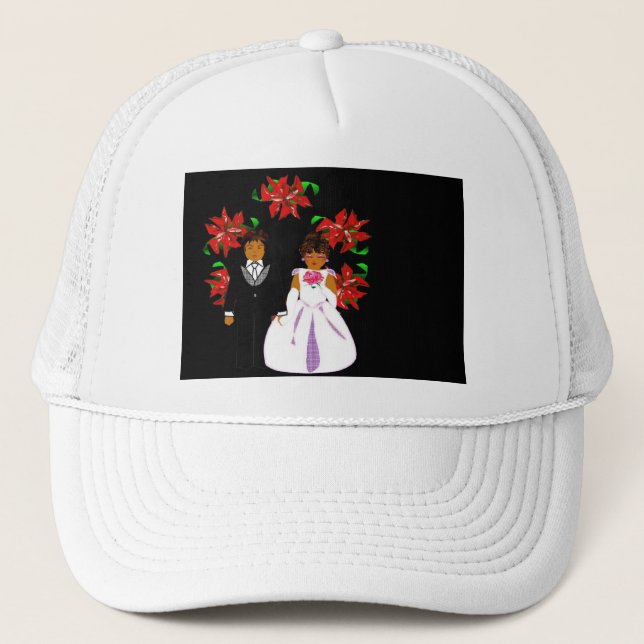 Christmas Wedding Couple In White Round Wreath Trucker Hat (Front)
