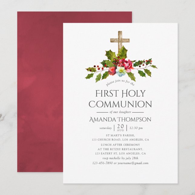 Christmas Wedding Floral First Holy Communion Invitation (Front/Back)
