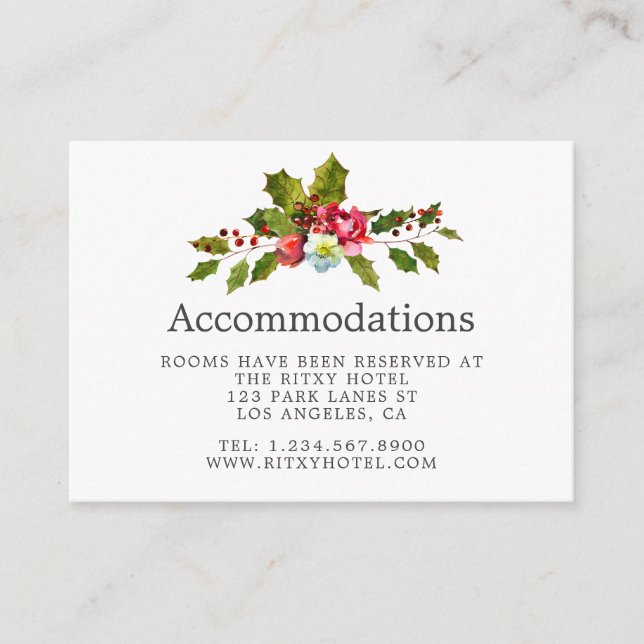 Christmas Wedding Floral Holly Accommodations Enclosure Card (Front)