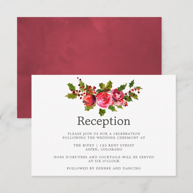 Christmas Wedding Floral Holly Reception Invitation (Front/Back)