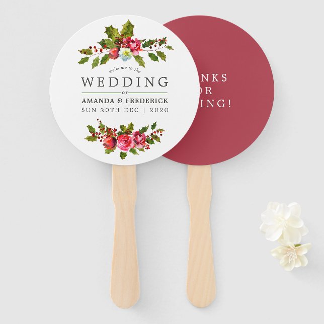 Christmas Wedding Floral Holly Watercolor Favour Hand Fan (Front and Back)