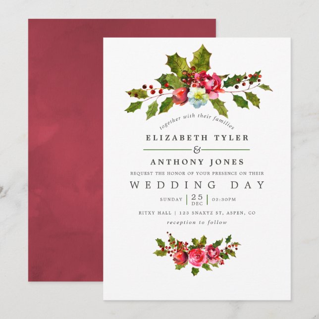 Christmas Wedding Floral Holly Watercolor Invite (Front/Back)