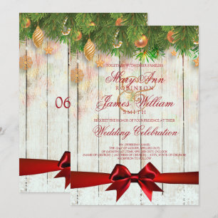 Christmas Wedding Gold Decorations & Red Ribbon Invitation