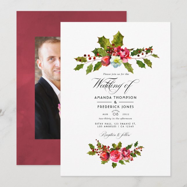 Christmas Wedding Holly Photo Invitation (Front/Back)