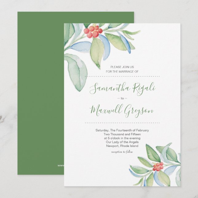 Christmas Wedding Invitation Watercolor Greenery (Front/Back)