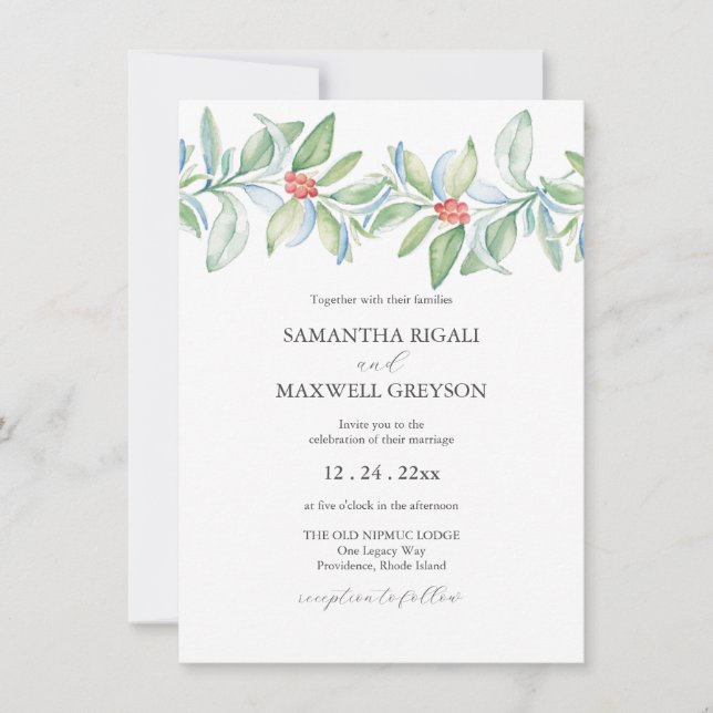 Christmas Wedding Invitation Watercolor Greenery (Front)