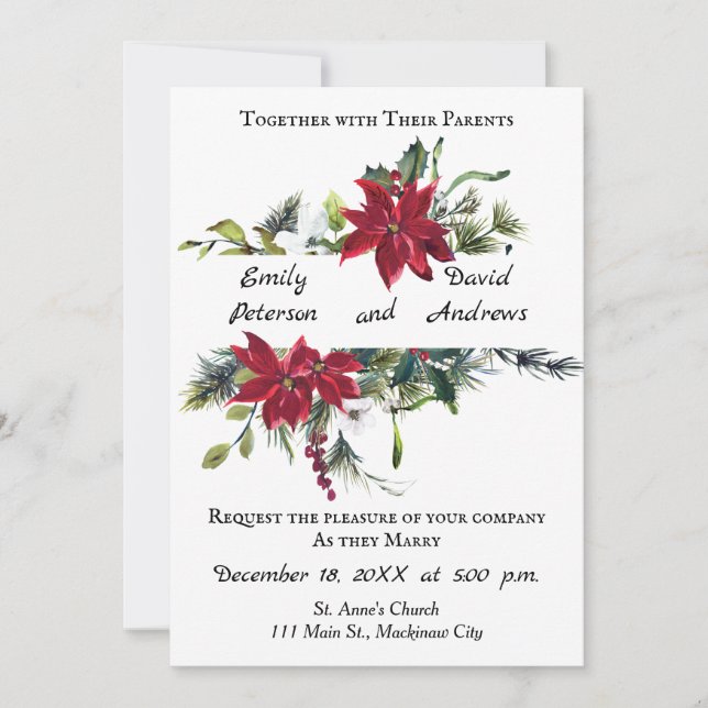 Christmas Wedding Invitation with Poinsettia (Front)