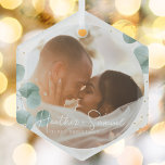 Christmas Wedding Keepsake Elegant Script photo Glass Tree Decoration<br><div class="desc">Create your own wedding keepsake with this Elegant Greenery Merry and Married Photo Holiday Glass Ornament. This modern and chic design features eucalyptus branches watercolor illustrations . Add two custom photo on front and back, newlywed names and a personalised text. Show all your love with this one ok a kind...</div>