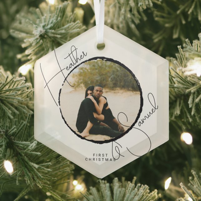 Christmas Wedding Keepsake Modern Script photo Glass Tree Decoration (Insitu)