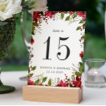 Christmas   WEDDING Personalised Table Number<br><div class="desc">Chic floral table number cards feature a frame of watercolor red  flowers,  roses and poinsettia,  framing your table number in white. Personalise with your names and wedding date,  or name each table for an extra personal touch. 
Design repeats on reverse side. Coordinates with our Yuletide  wedding invitation suite.</div>