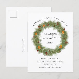 Christmas Wedding Pine Cones Orange Save the Date Announcement Postcard