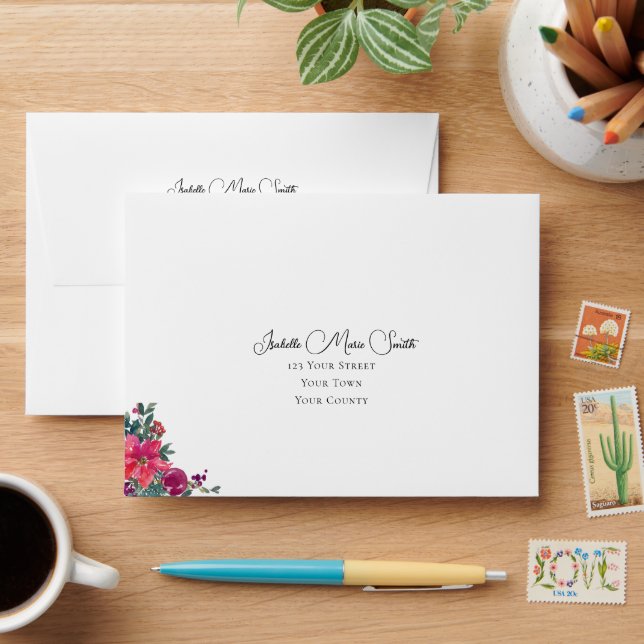 Christmas Wedding Pink Poinsettia & Ornament RSVP Envelope (Desk)