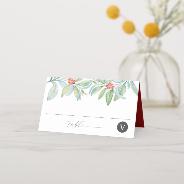 Christmas Wedding Place Card Watercolor Greenery (Front)