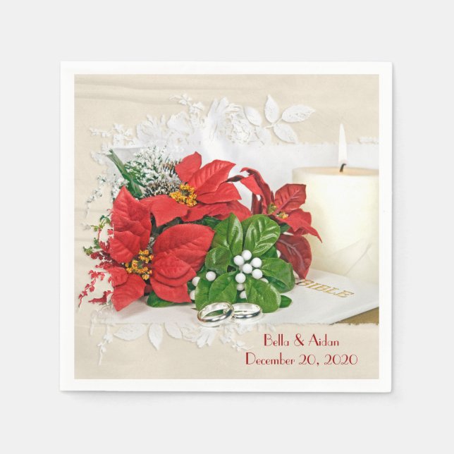 Christmas wedding poinsettia and candle napkin (Front)