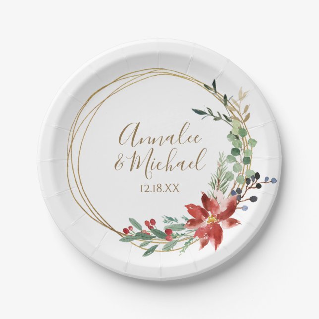 Christmas Wedding Poinsettia Greenery Watercolor Paper Plate (Front)