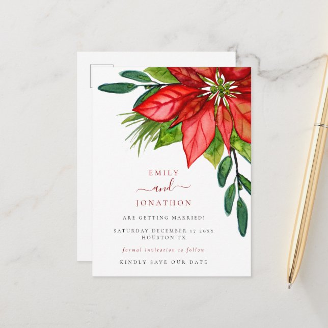 Christmas Wedding Poinsettia Leaves Save the Date  Announcement Postcard (Front/Back In Situ)