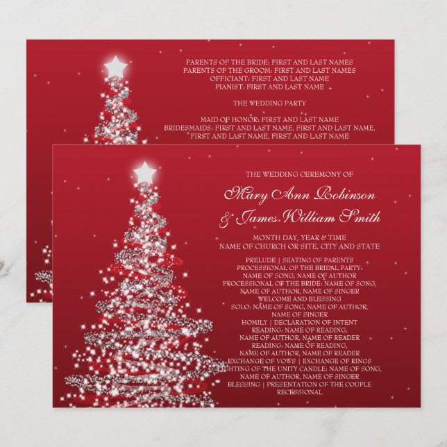 Christmas Wedding Program Red Silver Invitation (Front/Back)