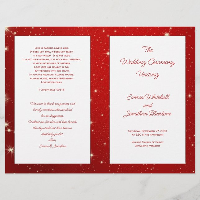 Christmas Wedding Program Red Twinkling Stars (Front)