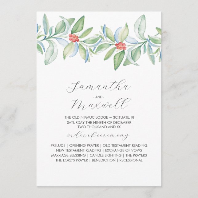 Christmas Wedding Programs Elegant Winter Greenery Programme (Front)