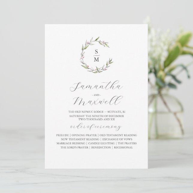 Christmas Wedding Programs Elegant Winter Greenery Programme (Standing Front)