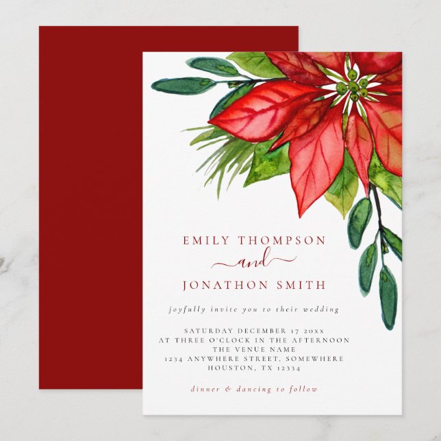Christmas Wedding Red Poinsettia Foliage  Invitation (Front/Back)