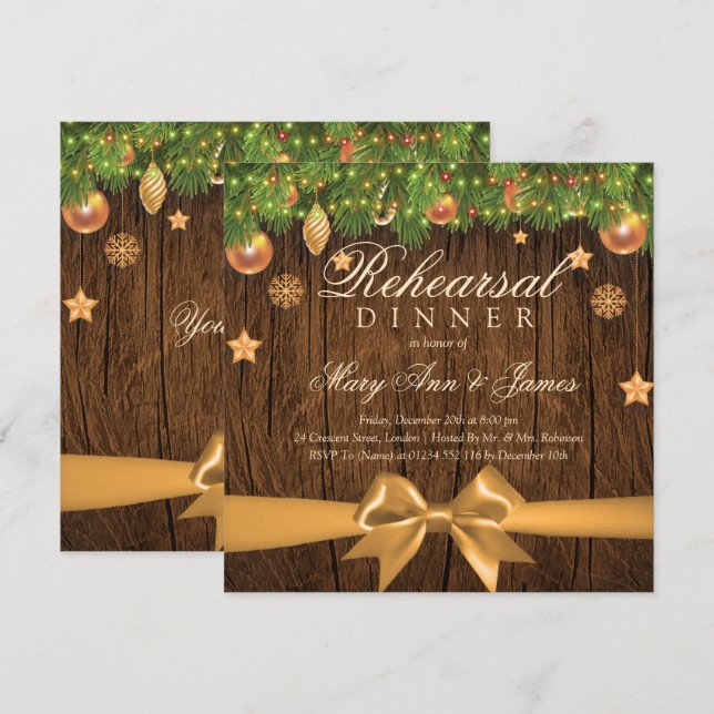 Christmas Wedding Rehearsal Dinner Gold Decor Invitation (Front/Back)