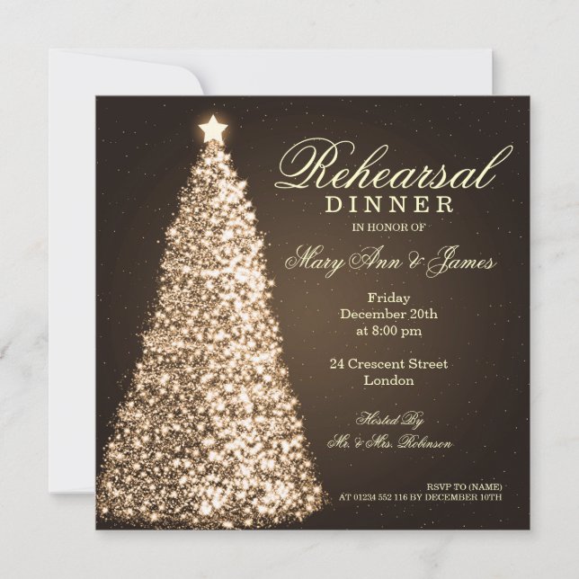 Christmas Wedding Rehearsal Dinner Gold Invitation (Front)