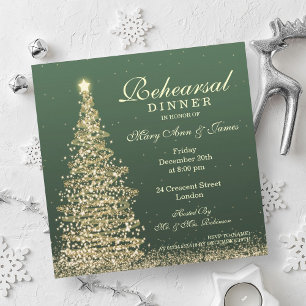 Christmas Wedding Rehearsal Dinner Green Gold Invitation