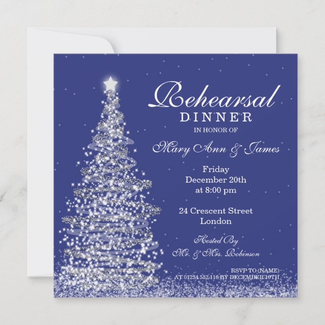 Christmas Wedding Rehearsal Dinner Silver Navy Invitation (Front)