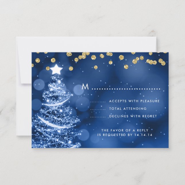 Christmas Wedding RSVP Sparkle Tree Gold Blue  (Front)
