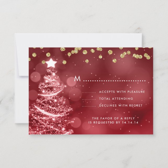 Christmas Wedding RSVP Sparkle Tree Gold Red Card (Front)