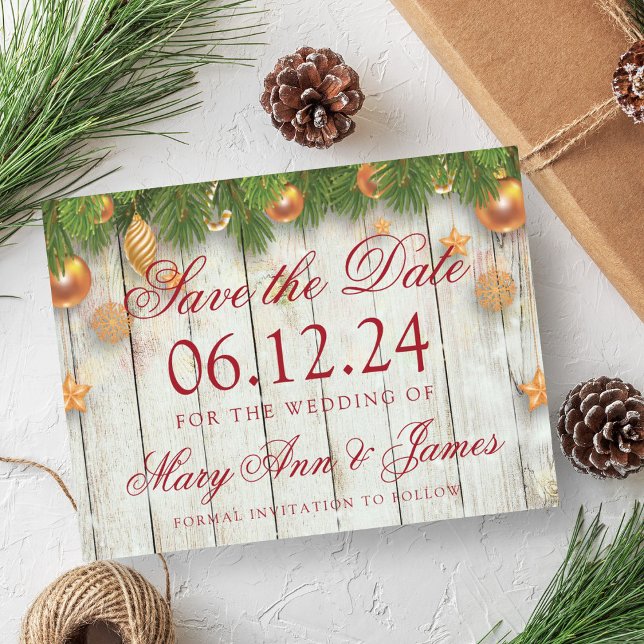 Christmas Wedding Save The Date Gold Baubles Announcement Postcard (Christmas Wedding Save The Date Gold Baubles Announcement Postcard)